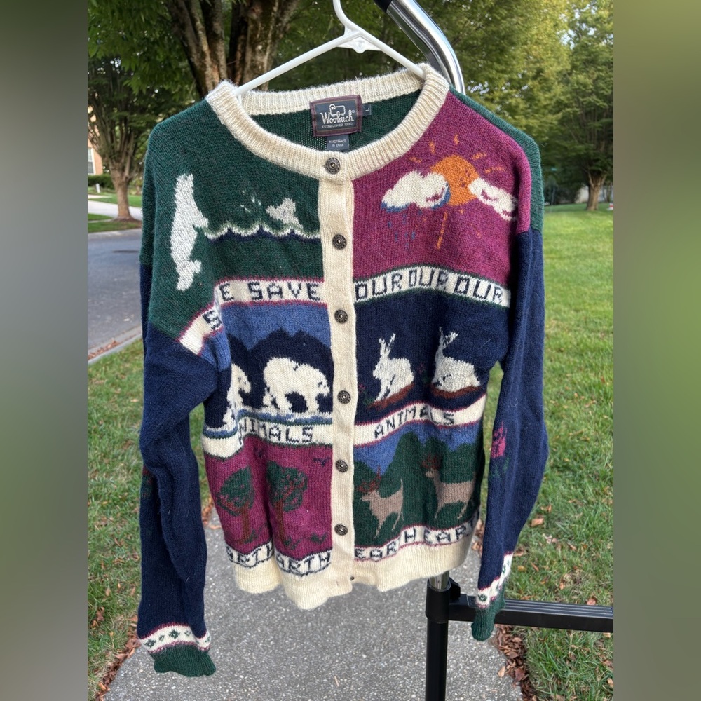 Rare vintage Woolrich save our animals wool blend Multicolor Cardigan